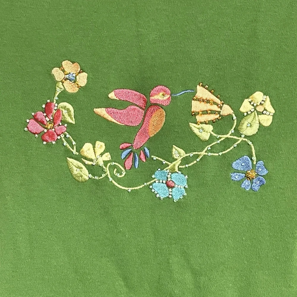 Vintage Field Gear Embroidered Beaded T-Shirt Green Size XL Hummingbird & Flower